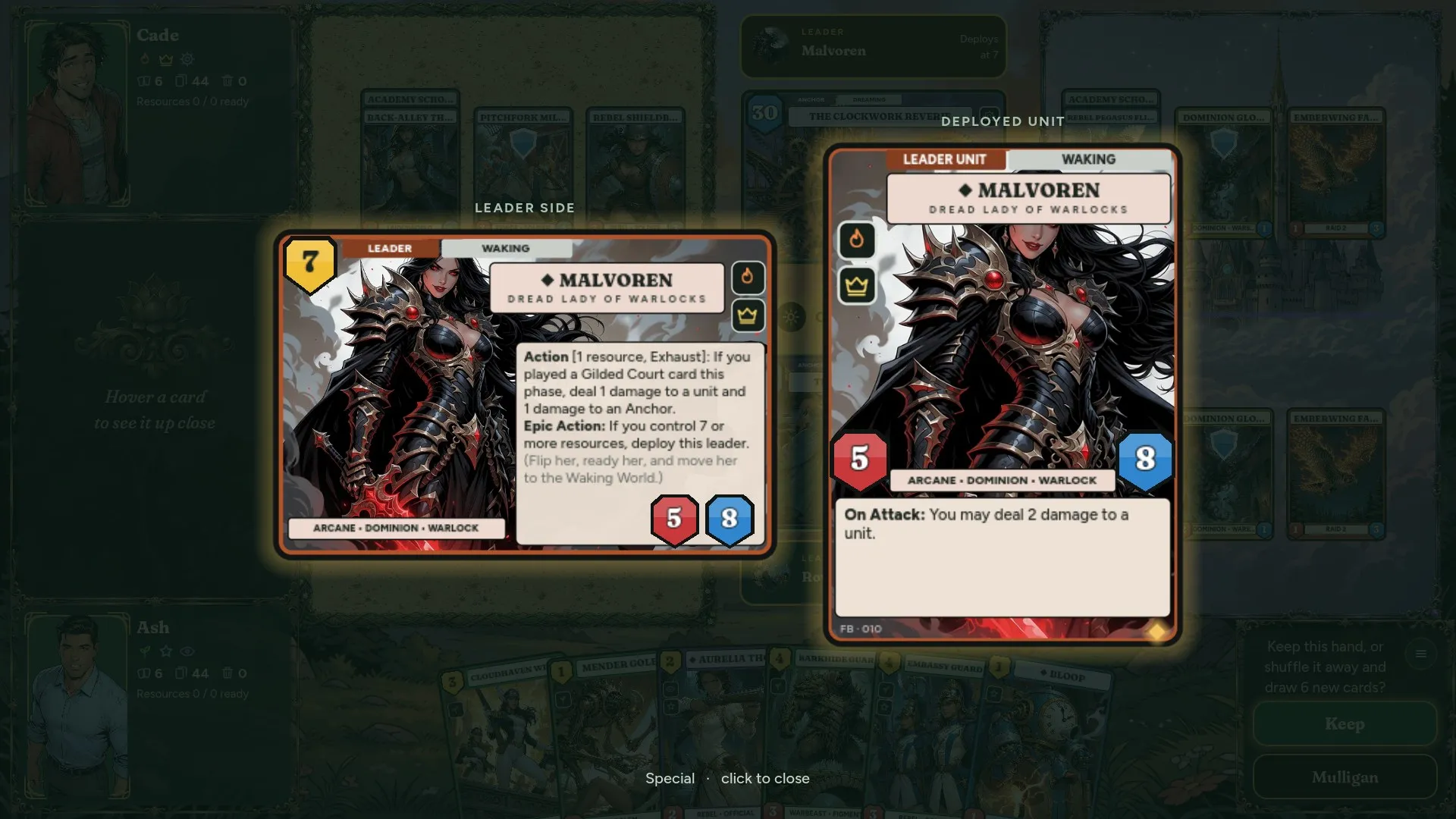 The Malvoren leader card shown full size, beside her deployed unit side