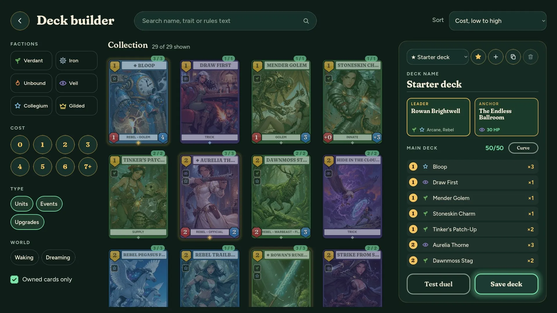 The deck builder: faction, cost and type filters on the left, a grid of cards, and the deck list on the right