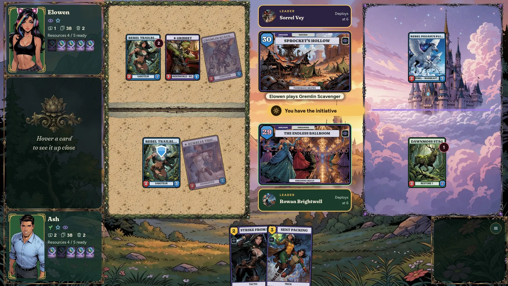 A duel in progress, with units in both worlds and two Anchors in the middle