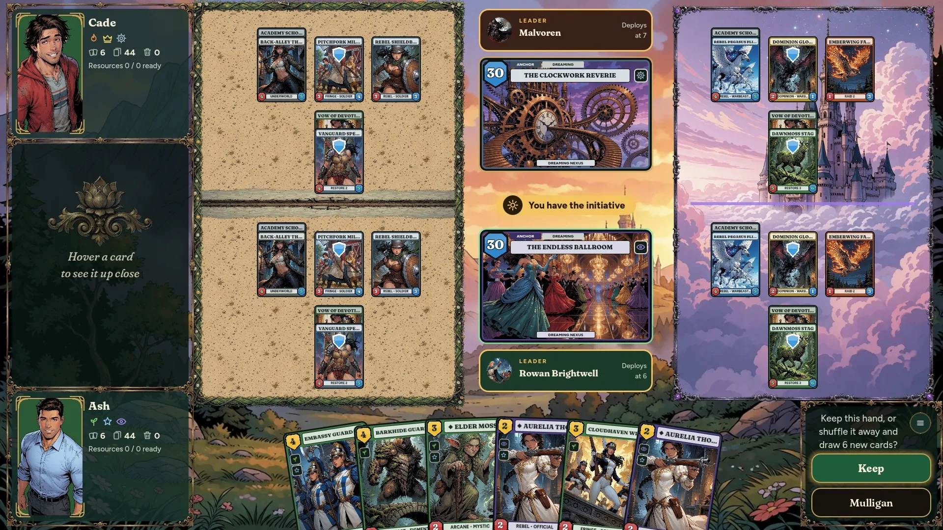 The start of a duel with a crowded board and a keep or mulligan choice for the opening hand
