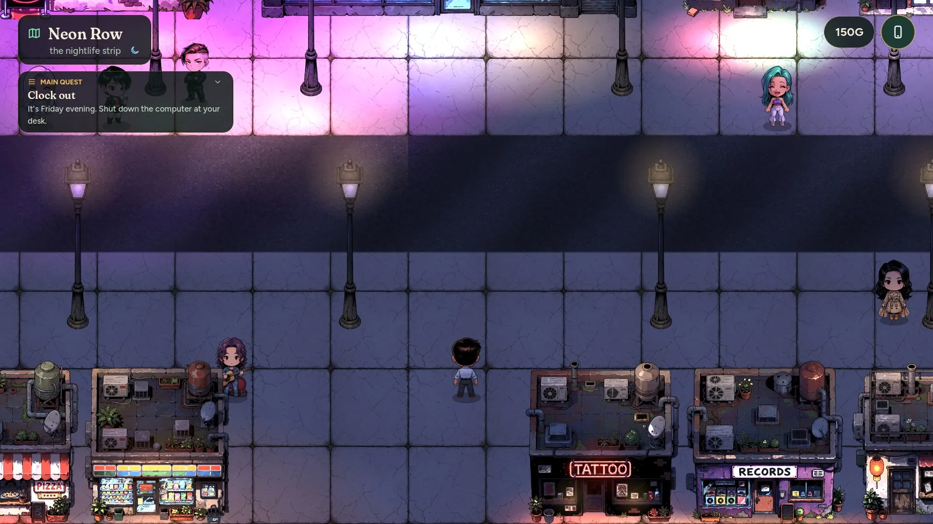 A top-down view of Neon Row at night, with shops and people on the street