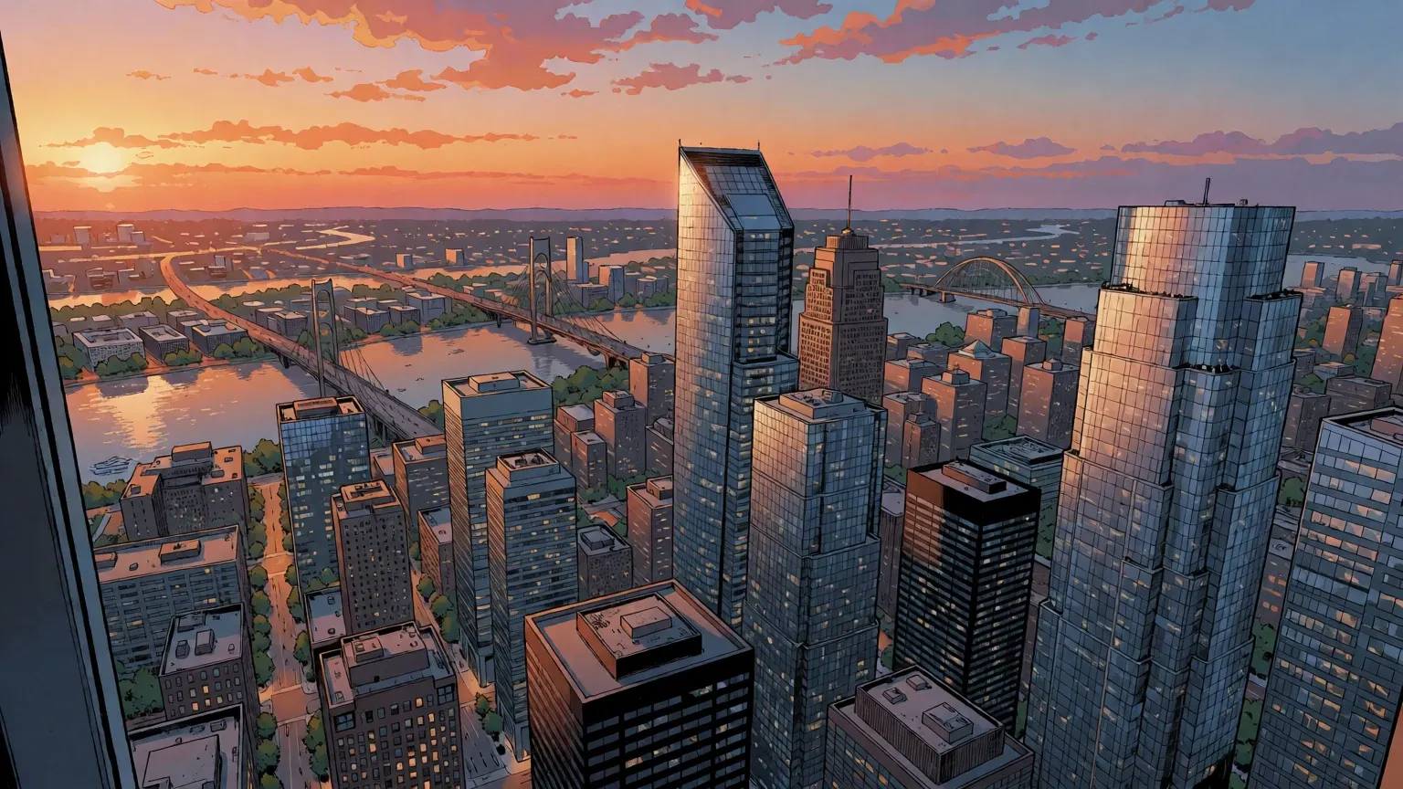 A city of glass towers at sunset, seen from high above