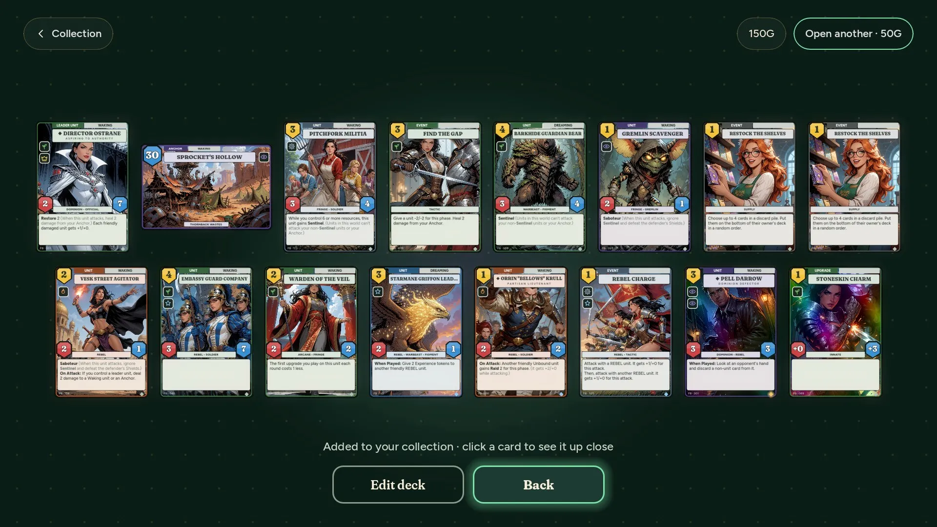 Sixteen cards from a freshly opened booster laid out in two rows, with a leader and an Anchor first