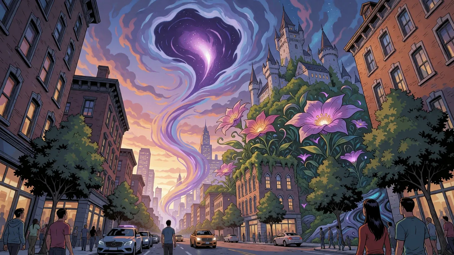 A city street overgrown with giant glowing flowers under a violet sky
