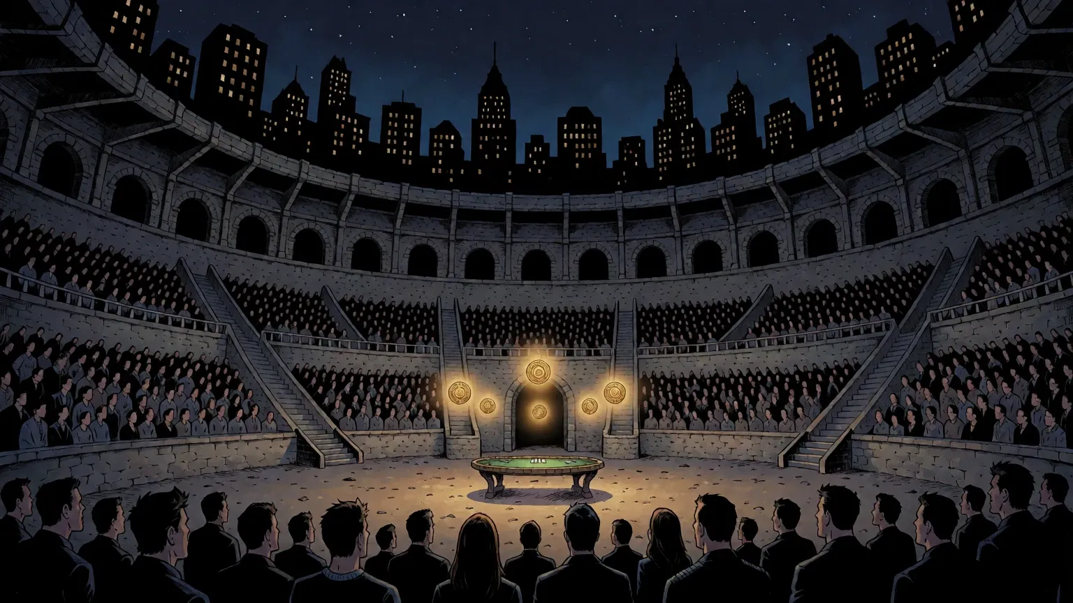 A packed arena in darkness, with six rings glowing on a table at its centre